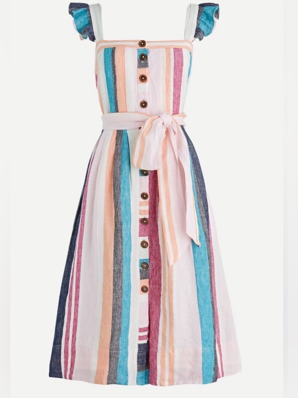 J.Crew Linen Midi Dress Striped Belted Ruffle Sleeve Coastal Preppy Size 8